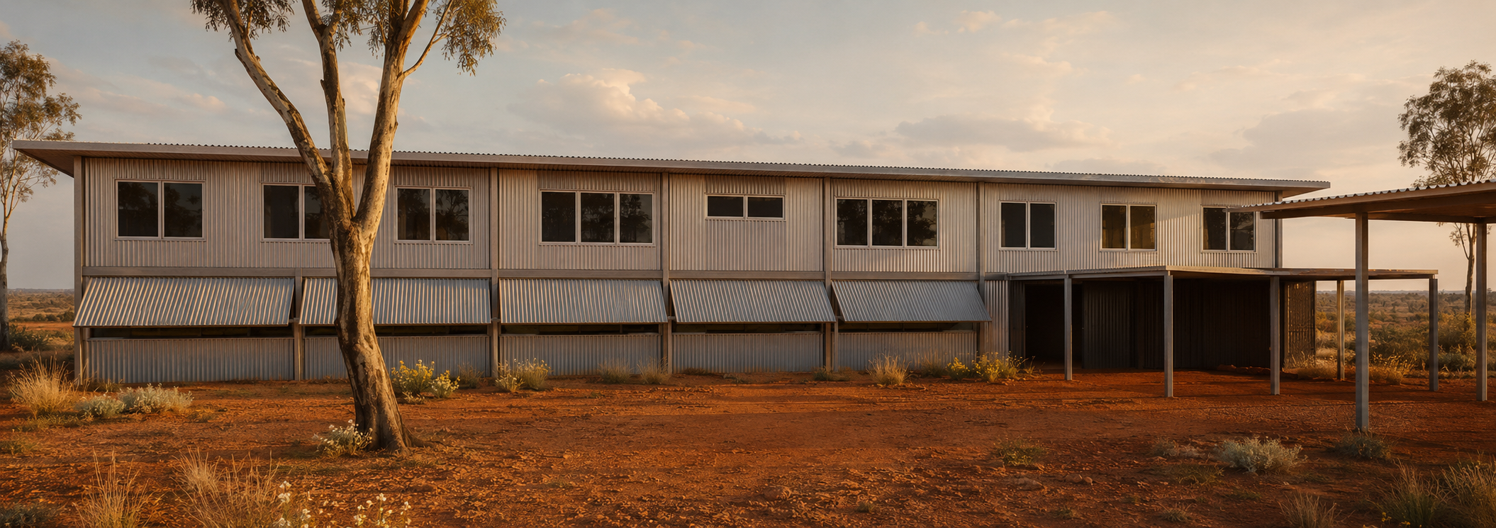 Render of the Nanutarra Ranger Hub accommodation building, showing corrugated steel cladding, operable shade awnings and the surrounding Pilbara landscape.