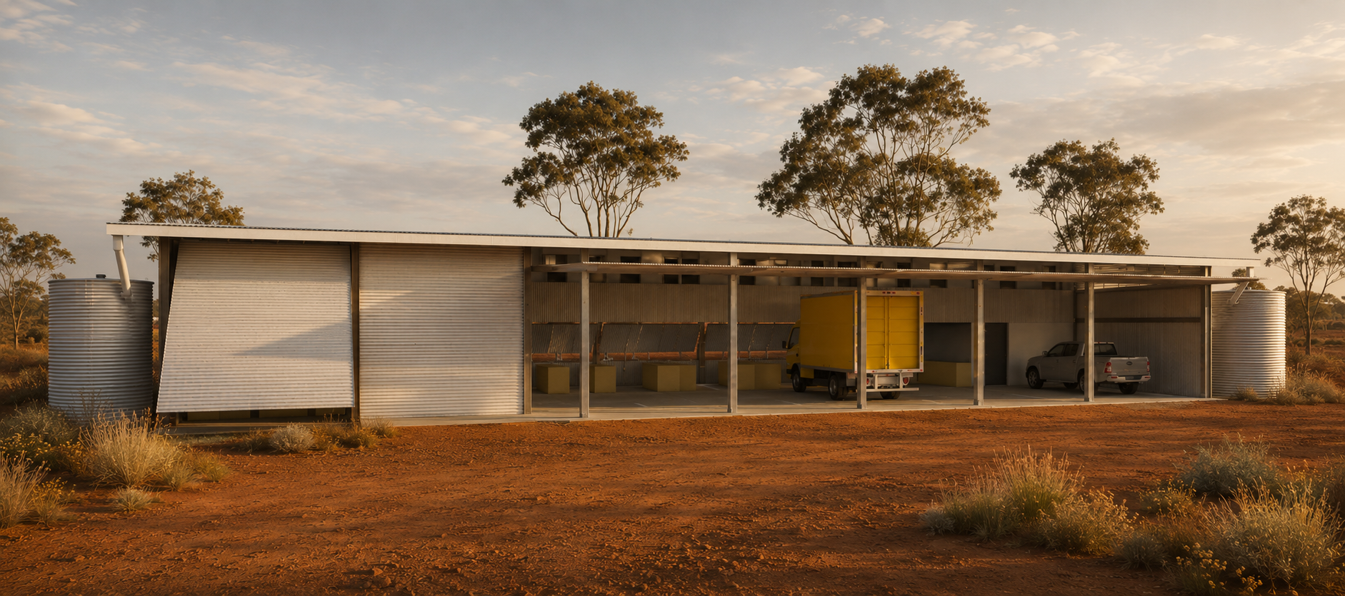 Render of the Nanutarra Ranger Hub operational area, including covered vehicle bays, workshop facilities and rainwater tanks.