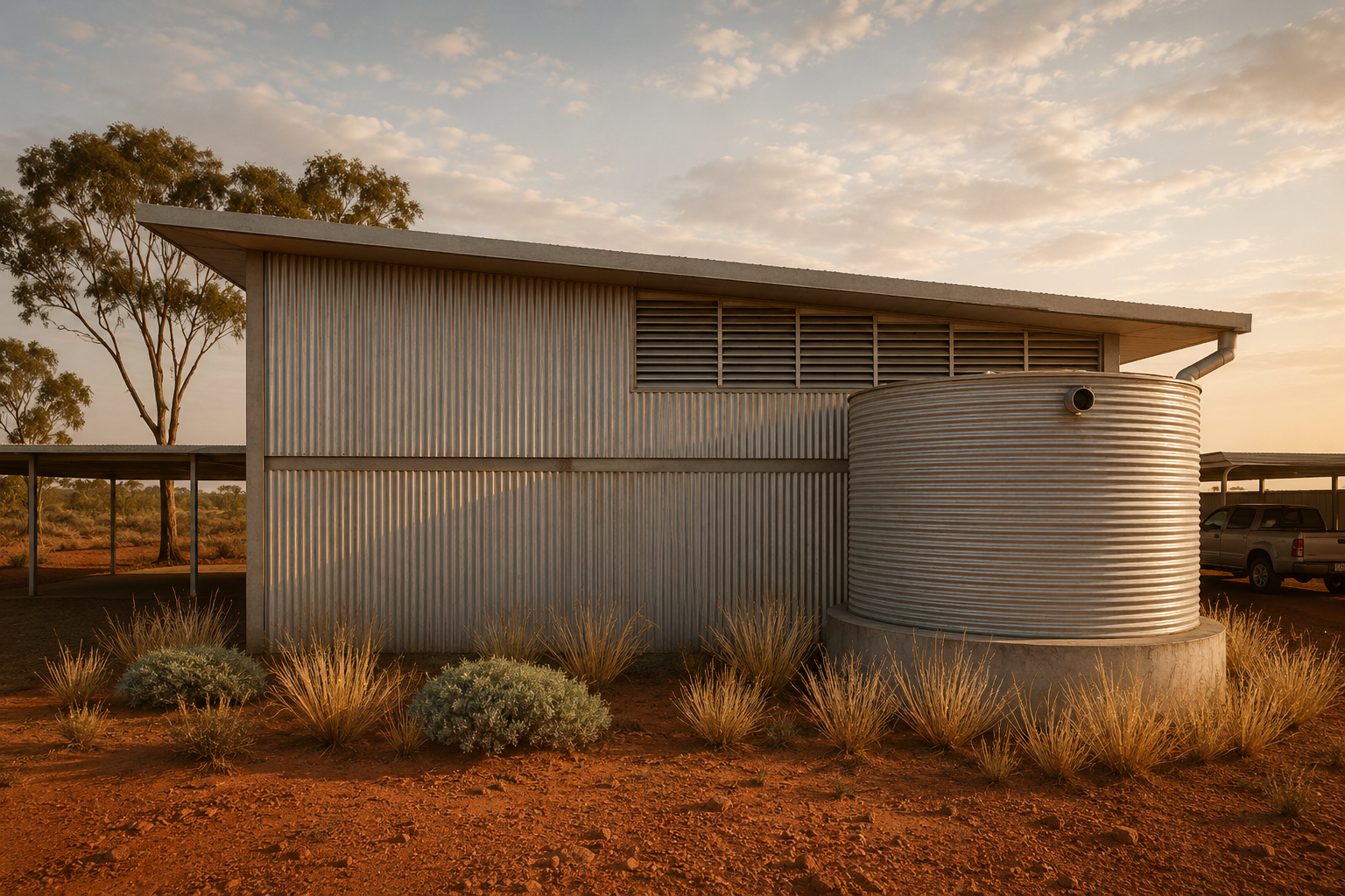 Render of the Nanutarra Ranger Hub, showing corrugated steel cladding, high-level ventilation louvres and an adjacent rainwater tank within the arid Pilbara landscape.